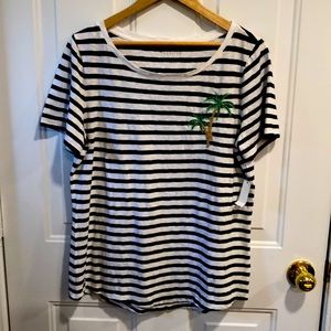 Talbots, Black and White Stripe T Shirt with Palm Tree Accent on Front. Large